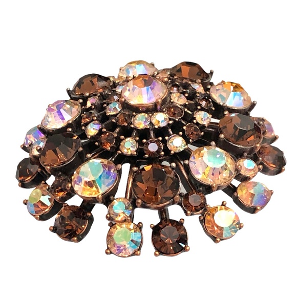 VINTAGE JOAN RIVERS AMBER & AURORA BOREALIS PINK DOME CRYSTAL BROOCH - Picture 14 of 16